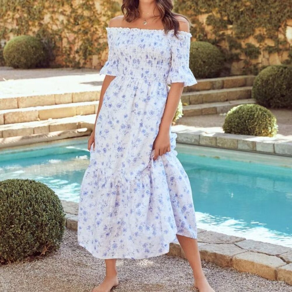 Dasha Cotton Floral Off The Shoulder Maxi Dress